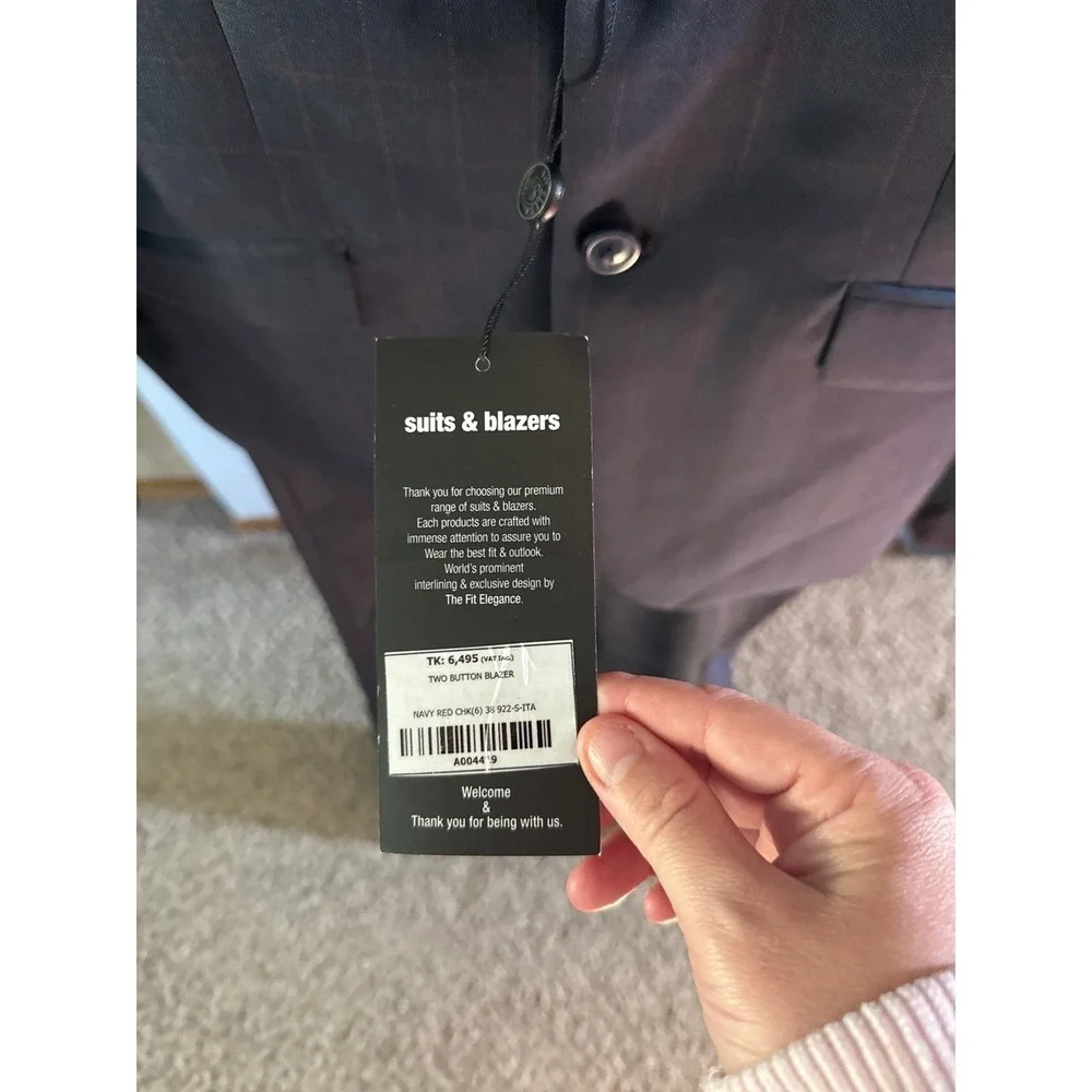 NWT Suit & Blazers Men's Navy Red Check 2pc Suit Pants Size 35 Blazer size 38